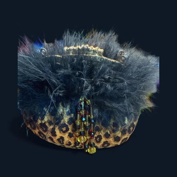 Leopard Print Black Boa Ornament Purse Plush Beads 4" tall - Picture 3 of 4